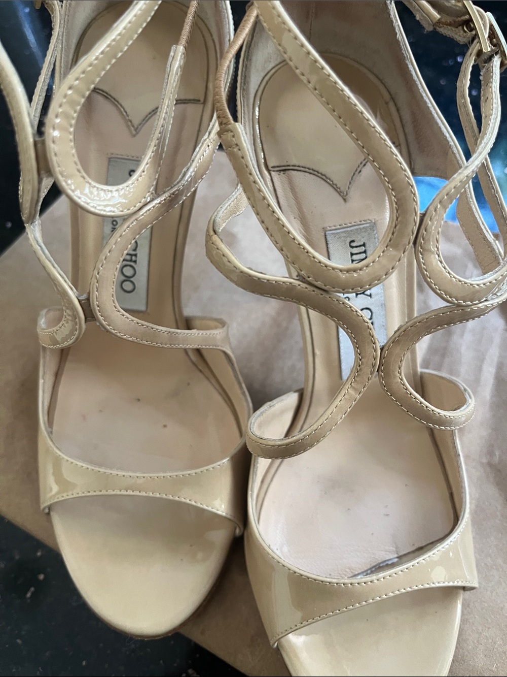 Jimmy Choo Nude Patent Leather Sculptural Strappy Heels